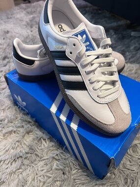 adidas White Leather Samba Sneakers with Black Stripes